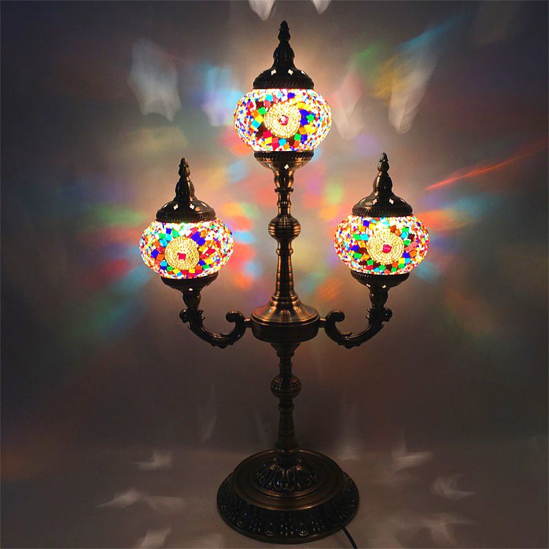 3 Lights Trident Night Light Traditional Beige/Orange/Blue Multicolored Stained Glass for Bedside