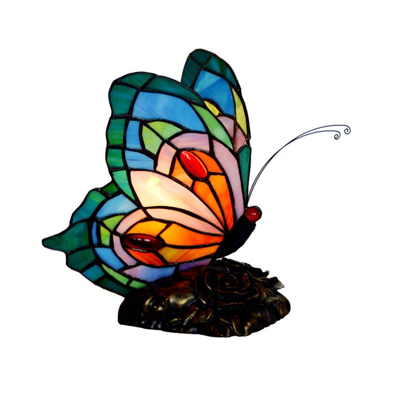 Victorian Butterfly Nightstand Light 1 Light Stained Art Glass Table Lamp in Blue