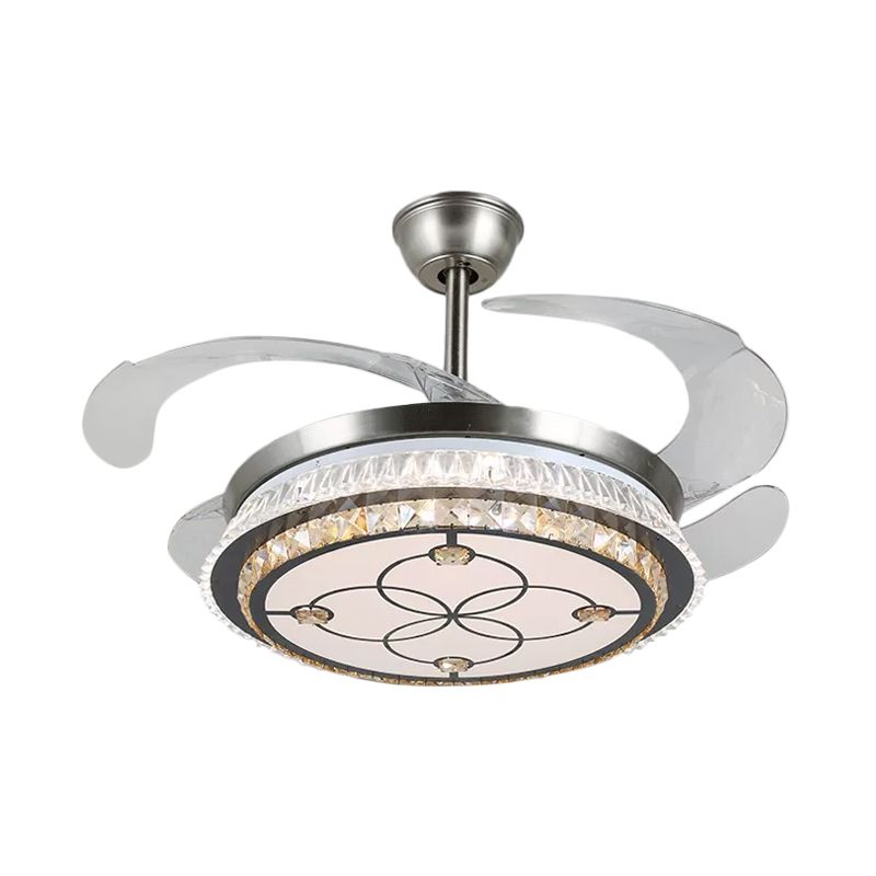 Silver Layered 4 Blades Semi-Flush Mount Modernism LED Crystal Pendant Fan Light Fixture, 19" Wide