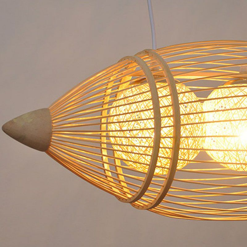 Lumière de lustre de poisson en bois simplicité 2 ampoules en bambou pendentif luminaire pour le restaurant