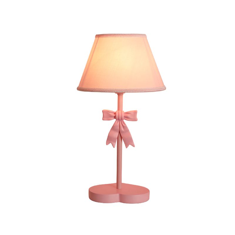 Conical Fabric Night Table Lighting Kids 1-Bulb Pink Nightstand Light with Bow Decoration