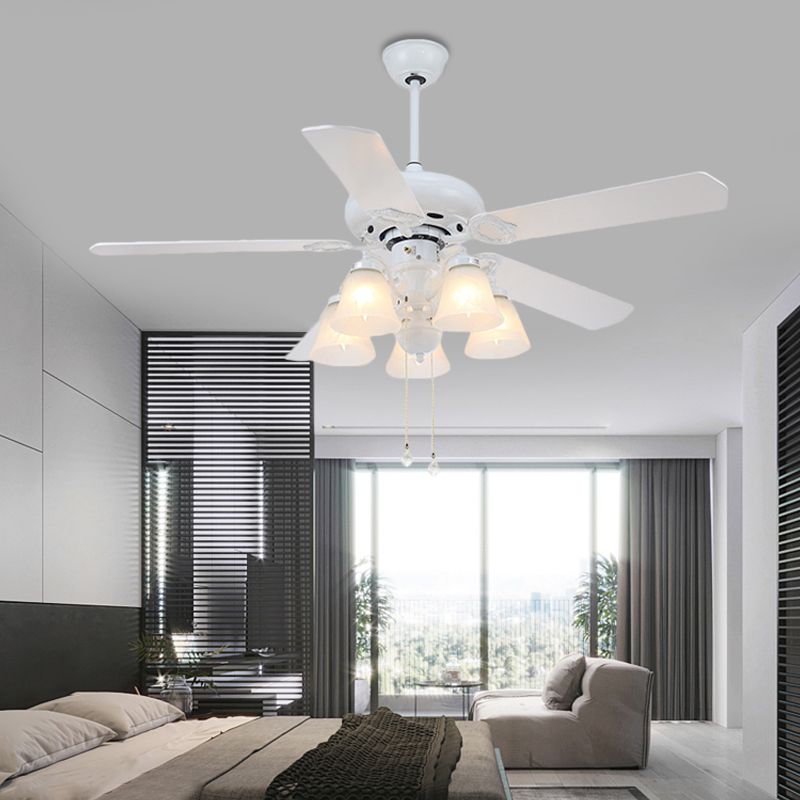 White 5 Lights Hanging Fan Lighting Modernist Opal Glass Bell Shade Semi Flush Lamp with 5 Blades for Living Room, 48" W