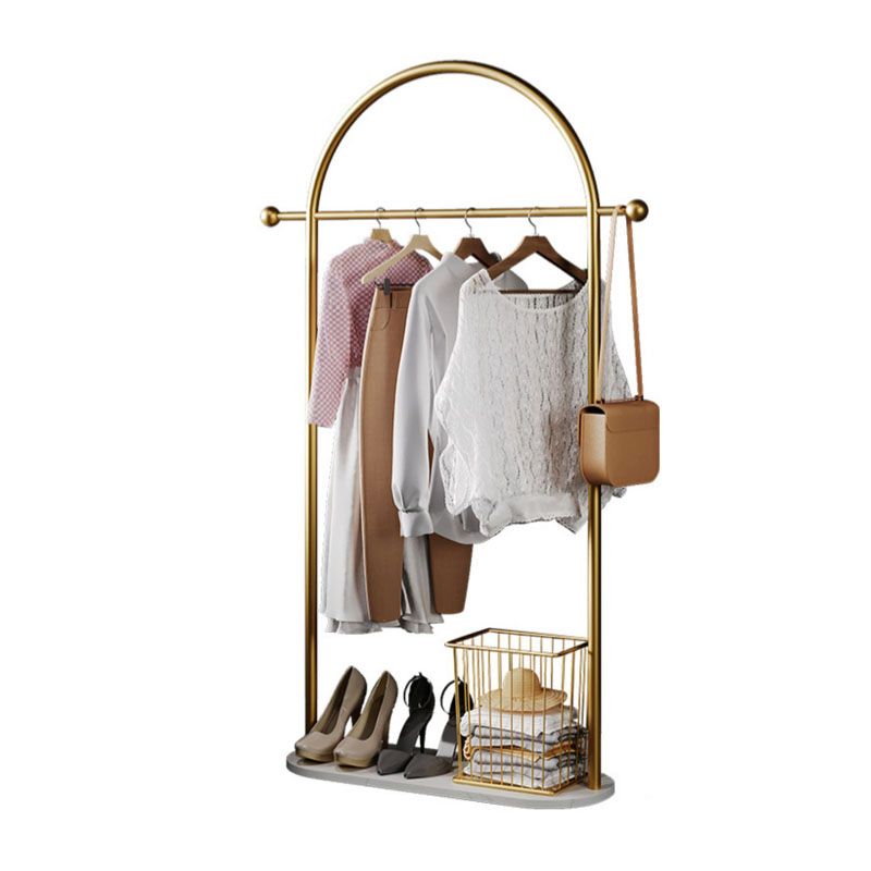 Glam Entry Hall Tree Metal Hanging Rail Storage Basket and 2 Hooks Coat Rack