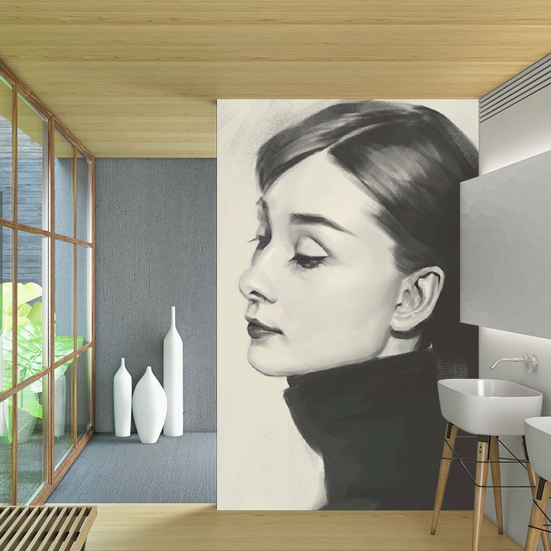 Women Side Face Sketch Mural Wallpaper Black-Grey Classic Wall Covering for Bedroom
