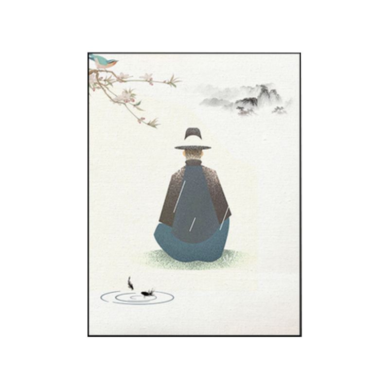 Forest Sitting Man Canvas Art Traditional Aesthetics Landscape Wall Decor in Gray for Home