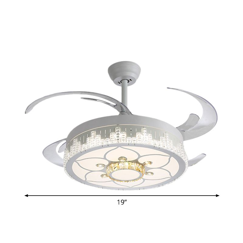 Nordic Round 4-Blade Semi Flush Light Fixture Crystal Living Room LED Hanging Fan Lamp in White, 19" Wide