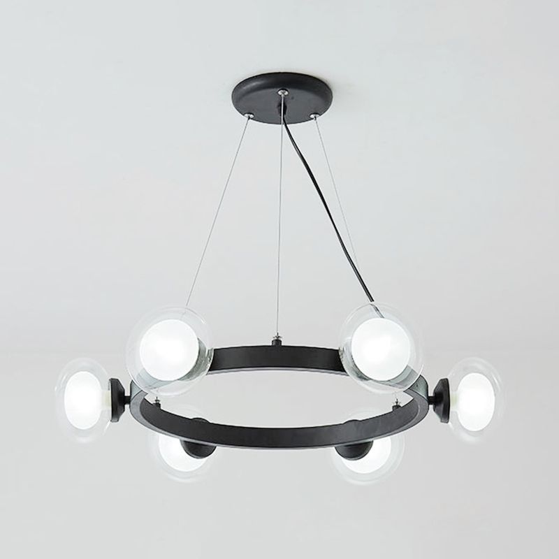 Clear Glass Round Chandelier Lamp with Circle Ring Design Contemporary 6/8 Lights Led Hanging Light Kit in Black