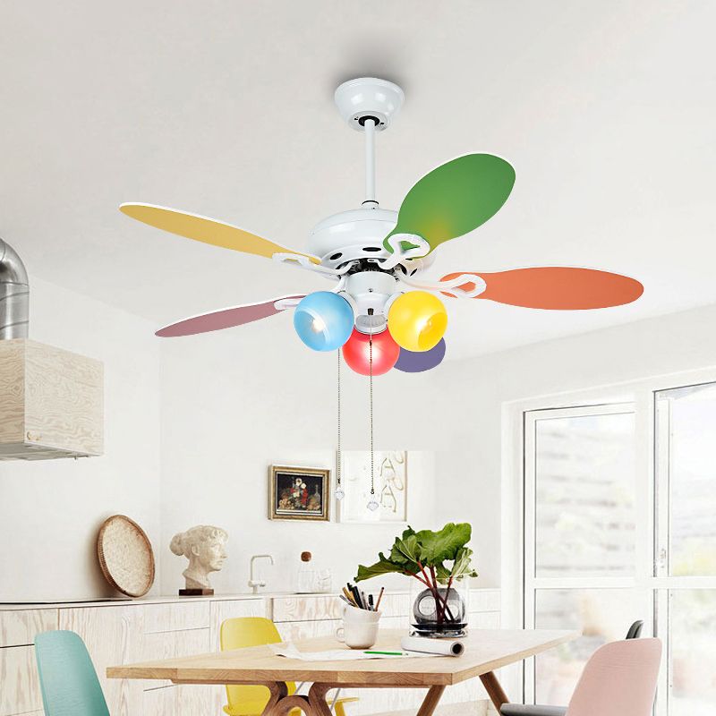 Globe Ceiling Fan Lighting Kids Style Blue-Red-Yellow Glass 3 Lights 42" W White Semi Flush Mount Lamp with 5 Multi-Color Blades