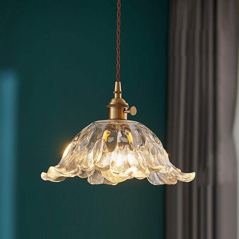 Duidelijke textureerde glazen koperen hangdanger bloemen 1-licht vintage hangend licht voor eetkamer