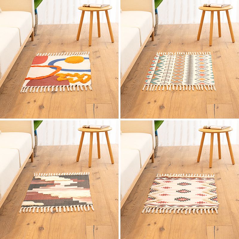 Multicolor Nordic Rug Cotton Blend Geometric Printed Carpet Stain-Resistant Washable Indoor Rug with Tassel for Room
