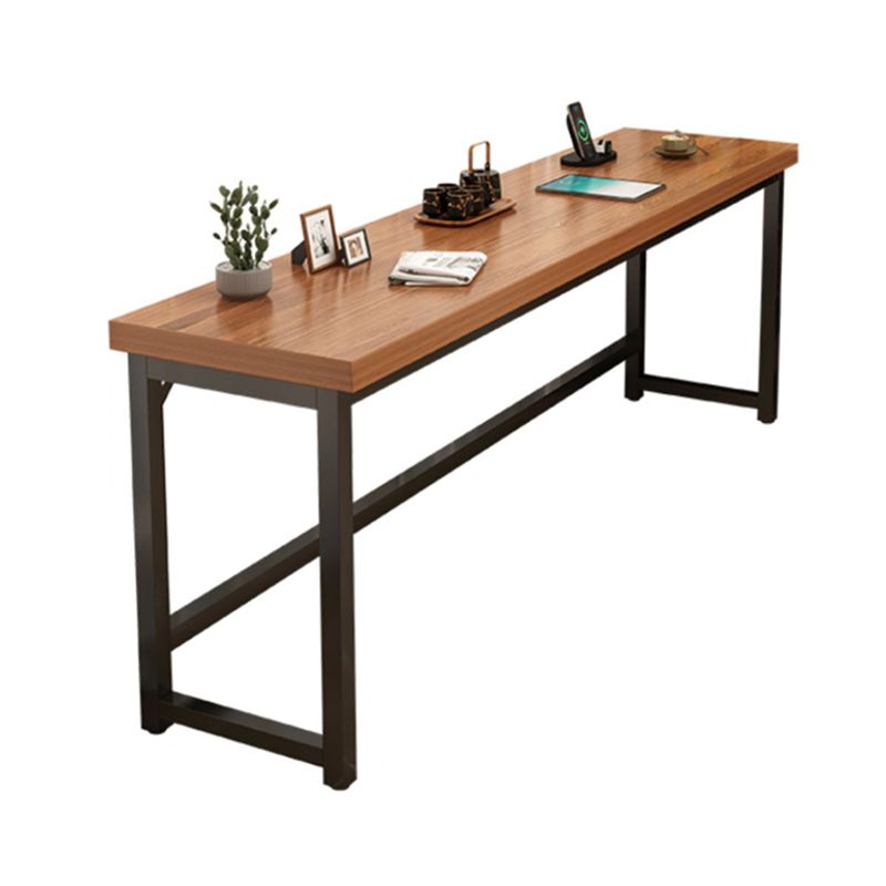 Industrial Wooden Counter Table with Metal Trestle Base in Brown