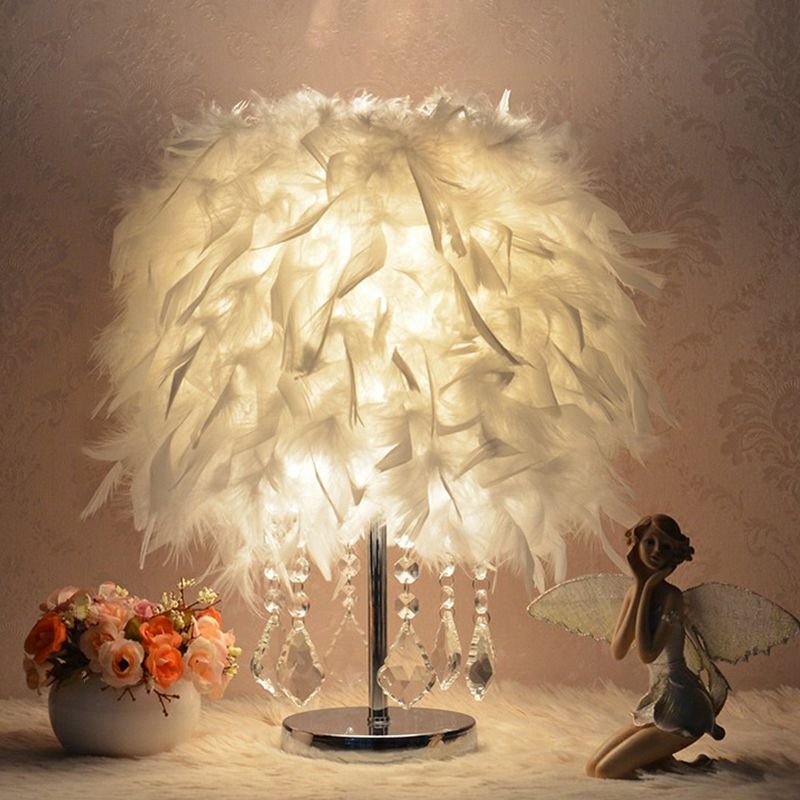 Cylindrical Nightstand Lamp Modern Style Feather Bedroom Table Light with Crystal Drip