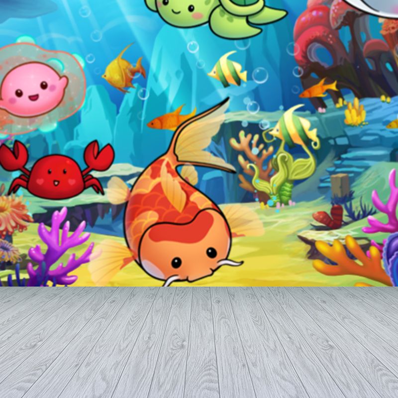 Cute Undersea Animals Mural Wallpaper Blue Non-Woven Wall Covering for Decor, Custom Size