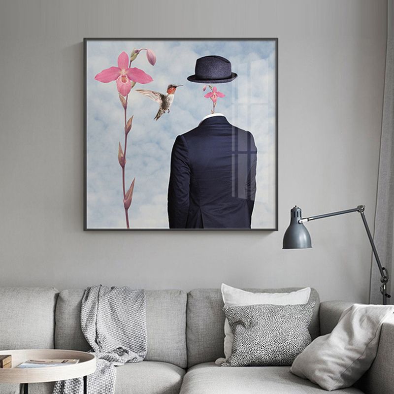 Man without Face Wall Art Black and Pink Surrealism Canvas Print for Sitting Room