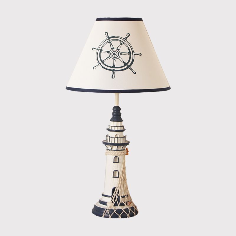 White Tapered Nightstand Lamp Kids 1 Light Fabric Table Lighting with Rudder/Lighthouse Base