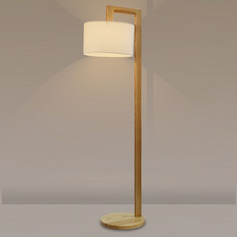 Wood Right Angle Arm Floor Lamp Asian Single Head Beige Floor Standing Lamp with Drum Fabric Shade