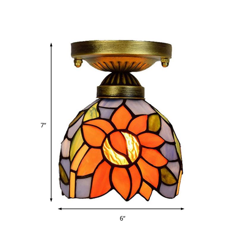 6 Inch Rustic Orange Ceiling Lamp Sunflower 1 Head Stained Glass Flush Ceiling Light for Corridor