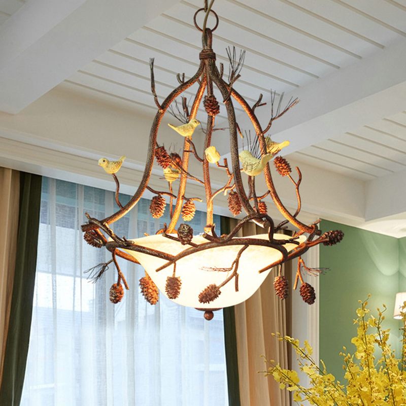 3 Lights Frosted Glass Hanging Chandelier Country Brown Bowl Dining Room Pendant Light Fixture with Bird and Pinecone