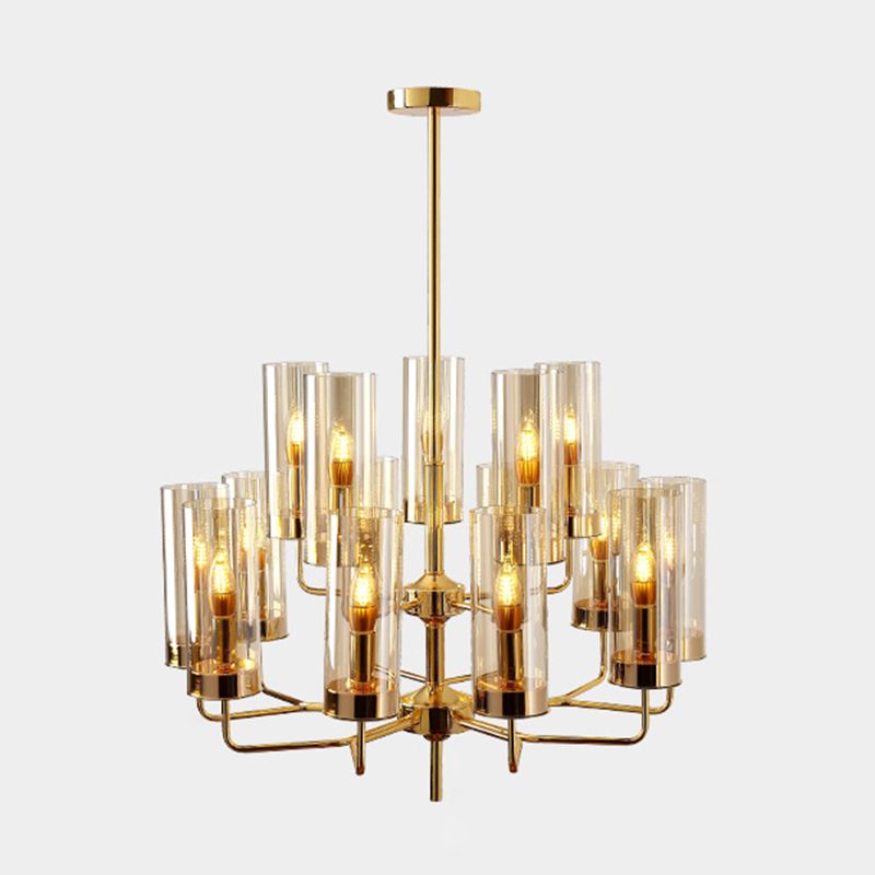 Post-modern Style Chandelier Cylindrical Glass Shade Simplicity Home Decorative Hanging Light in Electroplated Gold