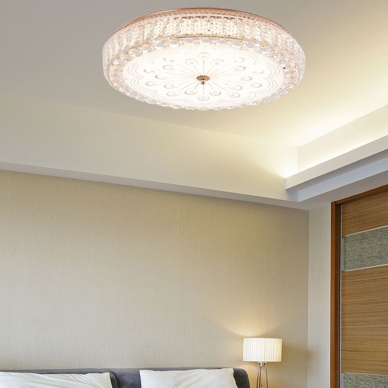 16 "/19.5" Wide Round Ceiling Flush Light Metal and Crystal DEL Flush Mount Lamp with Peacock Tail / Flower Pattern in Gold