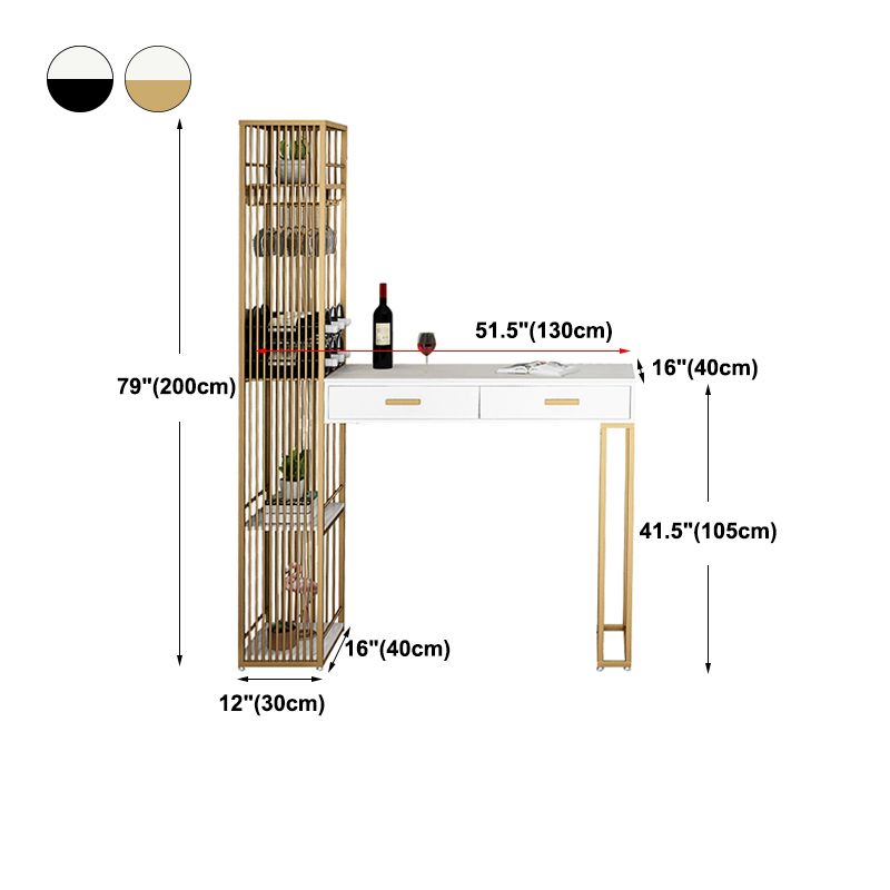 2-Drawer Modern Steel Bar Dining Table White Stone Top Indoor Bistro Table with Wine Rack