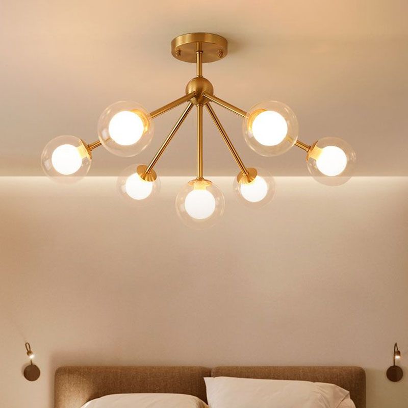 Minimalism Branch Chandelier Metal Dining Room Ceiling Light with Dual Ball Glass Shade in Gold