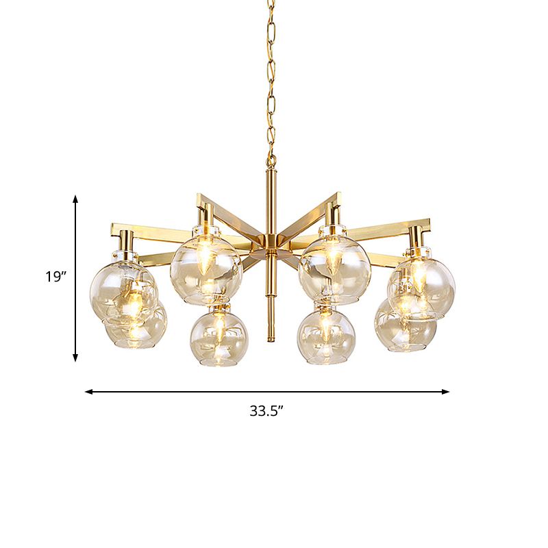 Modern 8 Heads Ceiling Chandelier Gold Ball Hanging Light Fixture with Amber Glass Shade