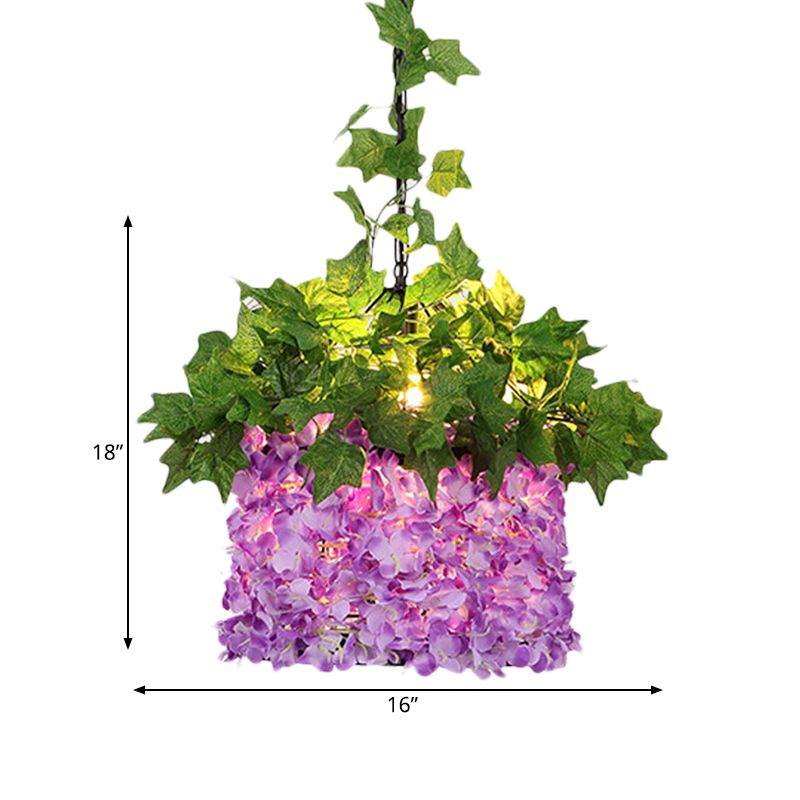 Purple 1 Light Ceiling Pendant Retro Metal House LED Drop Lamp with Flower Decoration