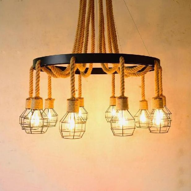 4/6 Bulbs Dome Cage Ceiling Light Retro Style Brown Rope and Metal Chandelier Pendant Light for Hallway