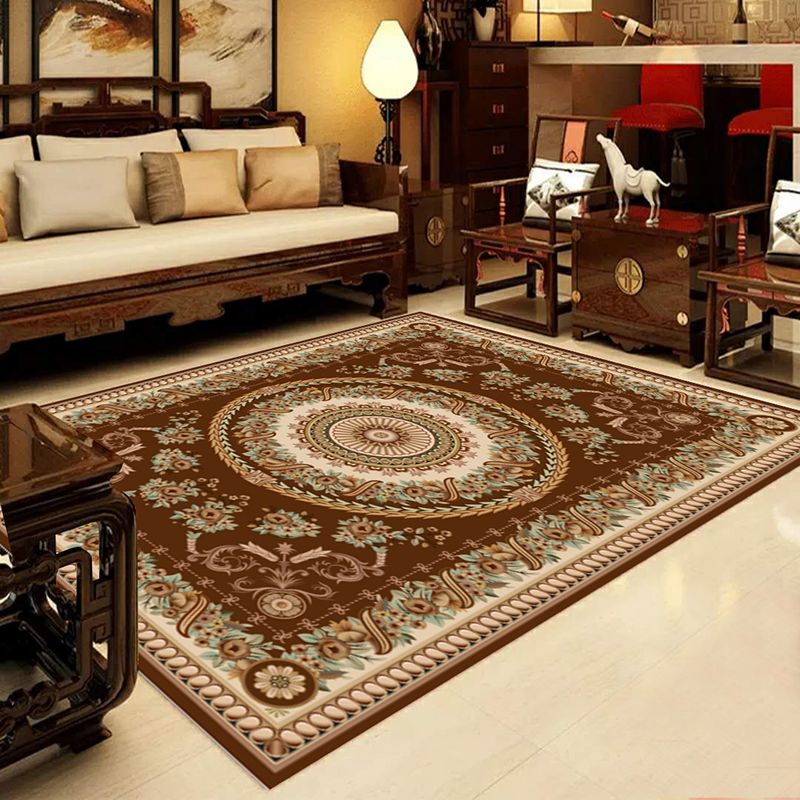 Retro Multi-Color Western Rug Synthetics Floral Pattern Area Carpet Non-Slip Washable Rug for Living Room