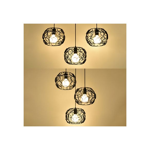 3 Bulbs Pendant Lamp Retro Drum Shade Metal Suspension Light with Wire Frame and Circles Design in Black