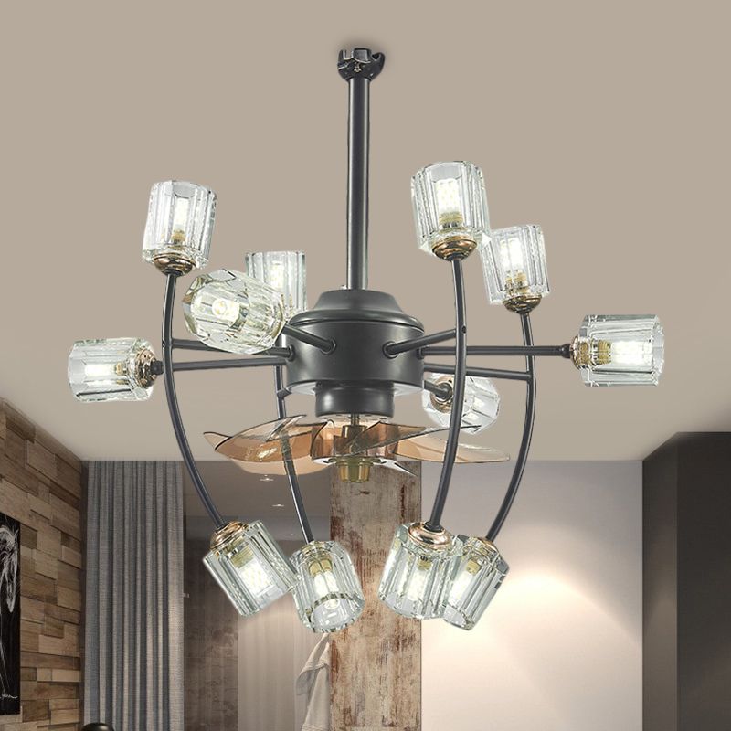 23.5 Wide 12 Bulbs Hanging Fan Light Traditional Scroll Frame Crystal Cylinder Shade 3 Blades Semi-Flush in Black