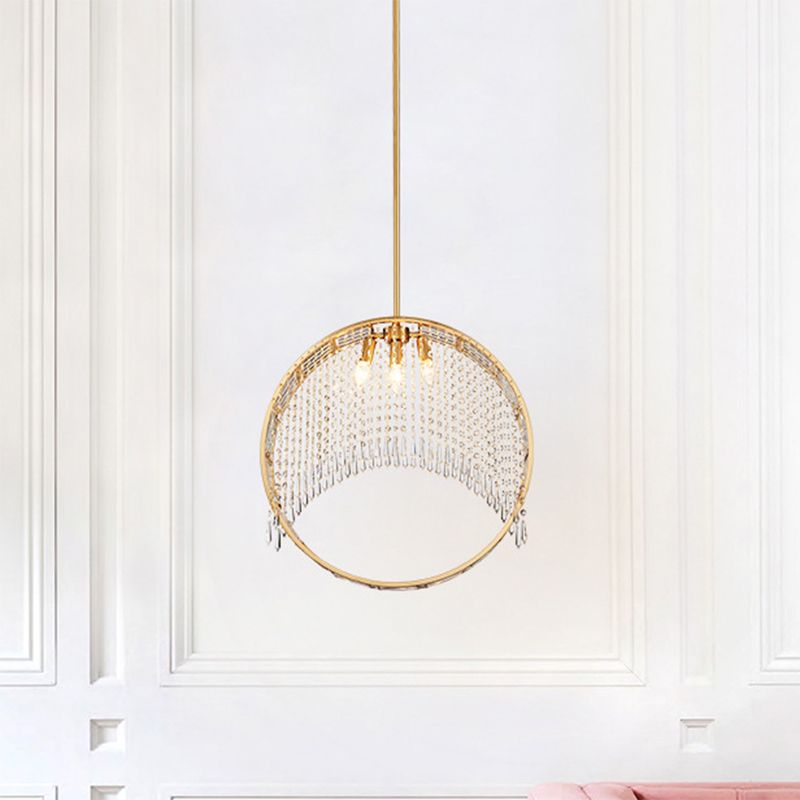 Postmodern Stylish Circle Drop Pendant 3-Light Iron Chandelier in Gold with Crystal Drapes