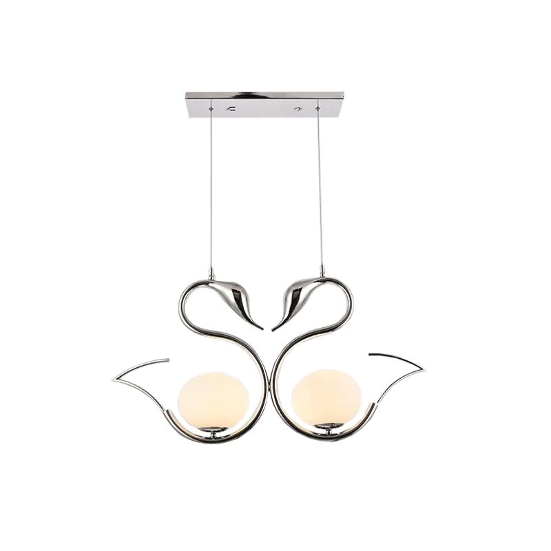 Metal Swan Shape Multi Pendant Light Modernist 2-Light Chrome Suspension Lamp with Orb White Frosted Glass Shade