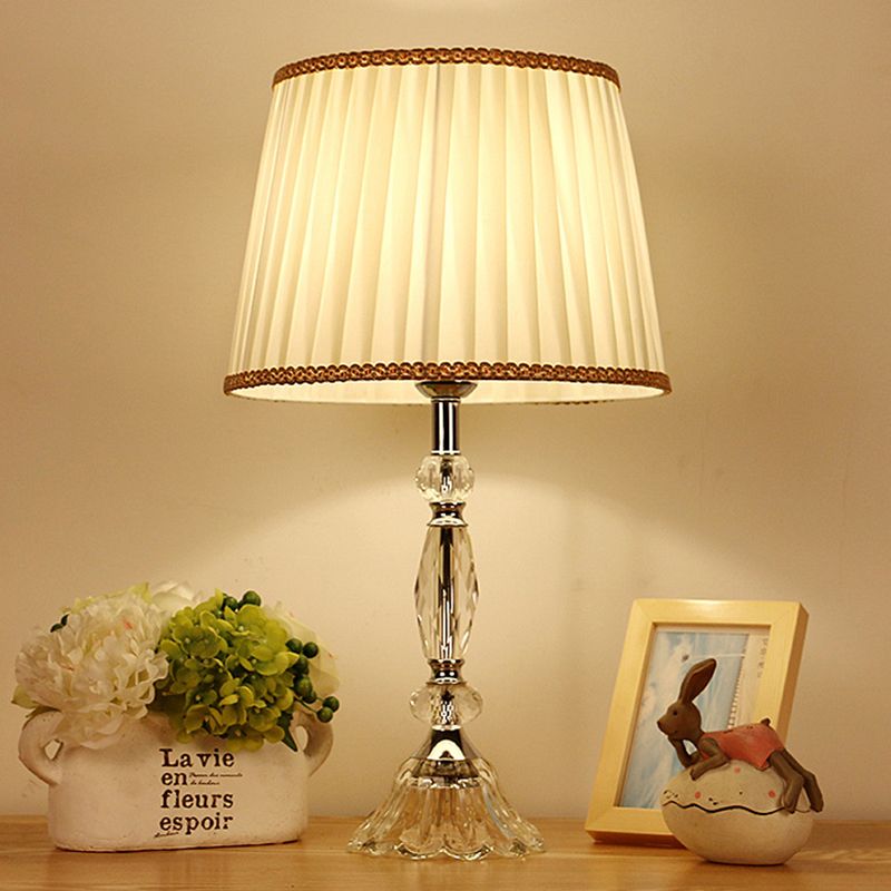 1 Light Pleated Shade Table Lamp Traditional White Fabric Night Light with Crystal Base