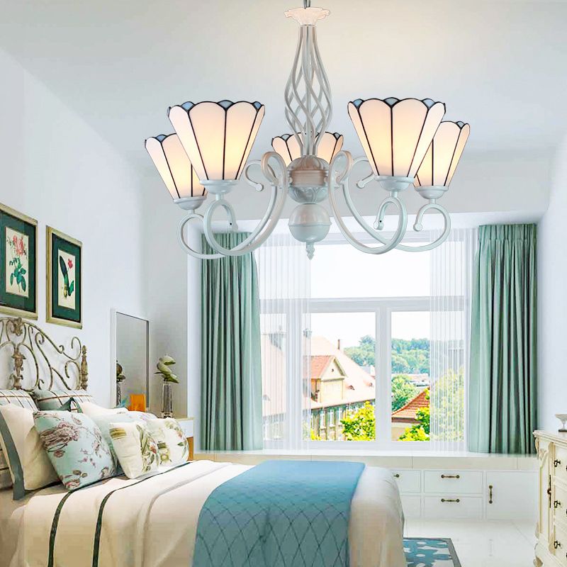 5 Lights Cone Chandelier with Adjustable Chain White Glass Traditional Pendant Light for Bedroom