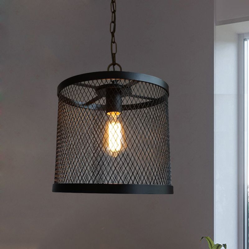 Drum Mesh Metal Pendant Light Industrial Single Light Dining Room Hanging Lamp in Black