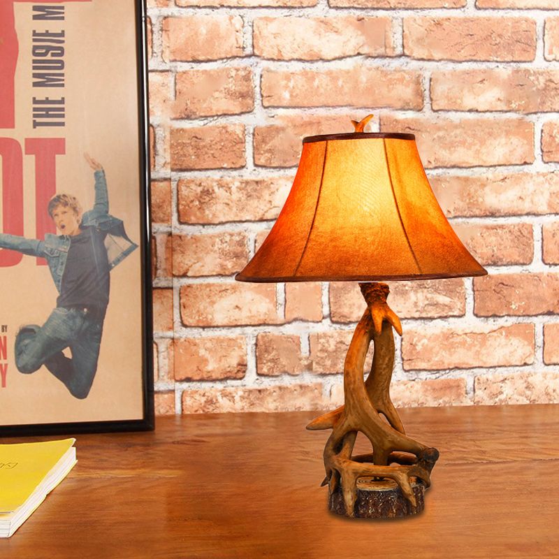 1 Light Barrel Desk Lamp Traditional Wood Fabric Task Lighting for Bedroom with Antler Accents