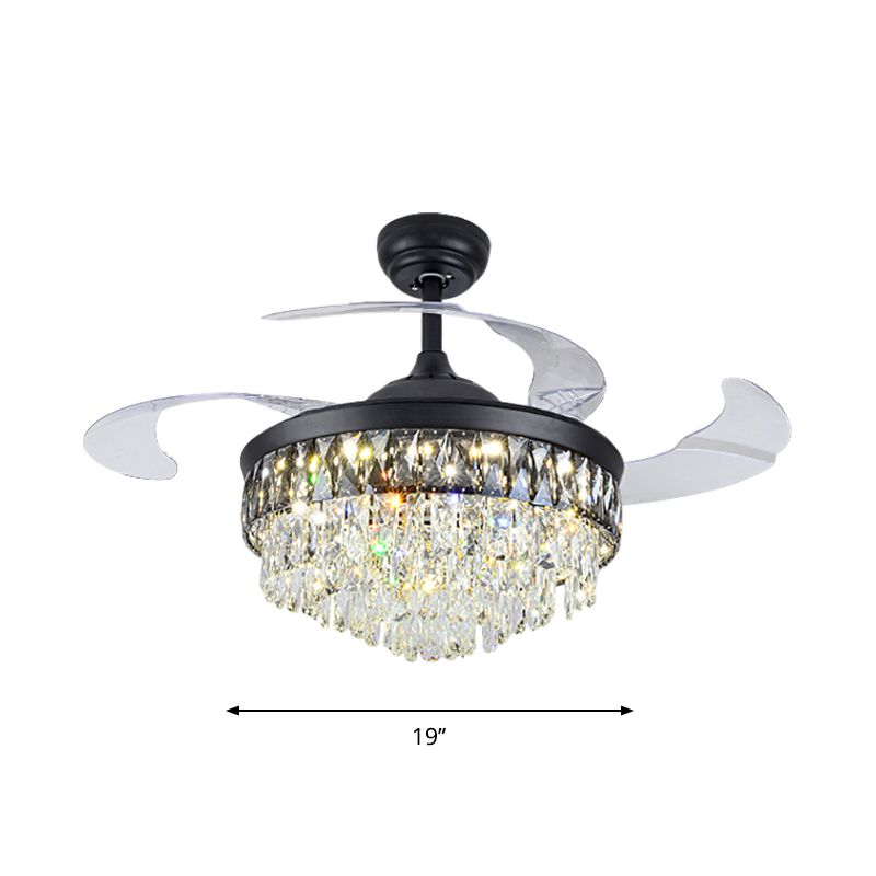 19" W Modern Tapered Semi Flush Mount Hand-Cut Crystal LED Parlor Pendant Fan Light in Black with 4 Blades