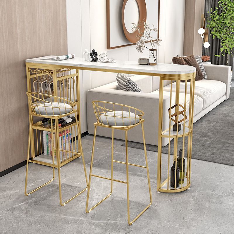 Glam White Marble Bar Dining Table Metal Double Pedestal Bistro Table with Shelve