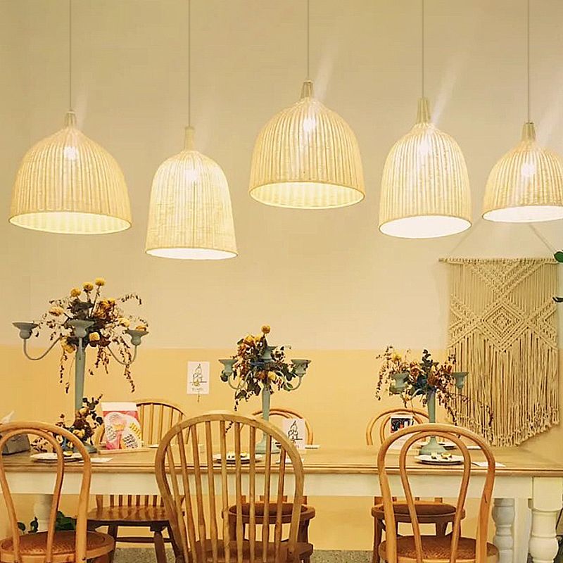 Accesorios de iluminación colgante de campana chino ratán colgando luz con cordón colgante para restaurante