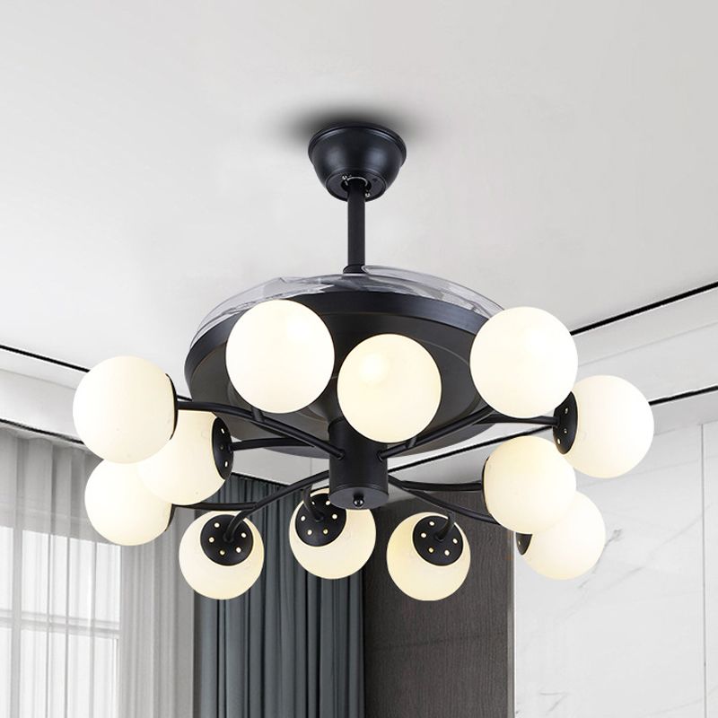 Black Globe Pendant Fan Lamp Contemporary 42" Wide 12 Lights Opal Glass Semi Flush Mount Light