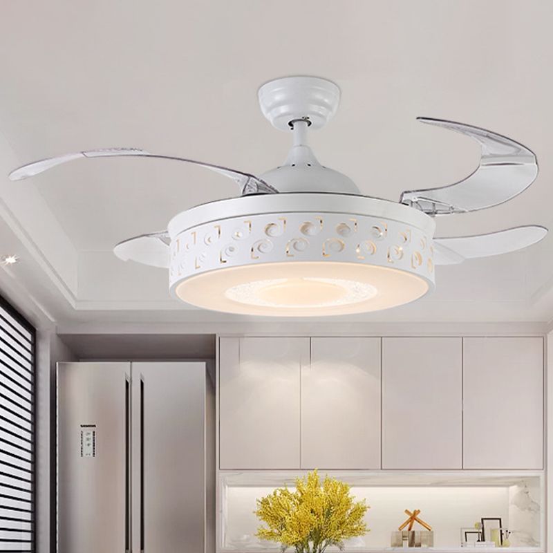 Drum Metal Pendant Fan Light Modern LED 42" W Bedroom Semi Flush Mount Lighting in White with Remote/Wall Control/Frequency Conversion and Remote Control, 4 Blades