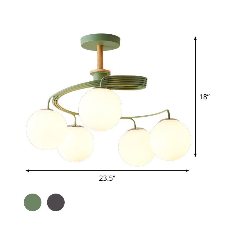 Swirl Flush Chandelier Nordic Iron 5 Bulbs Grey/Green Semi Flush Ceiling Light with Orb Glass Shade and Wood Downrod