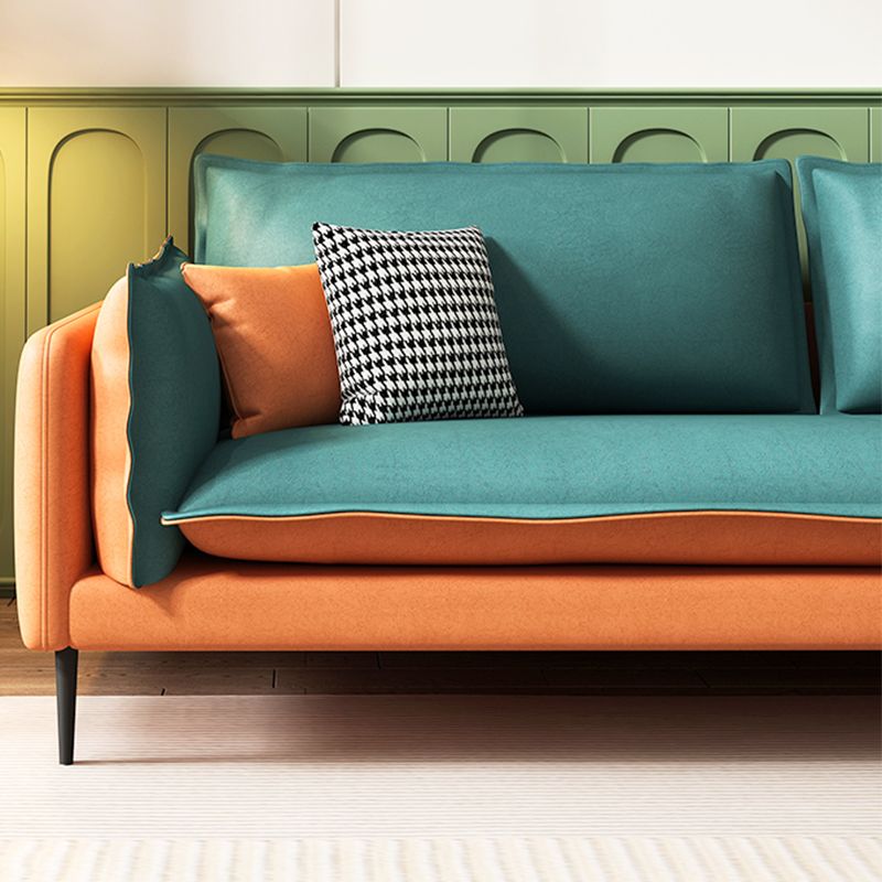 Square Arm Contemporary Faux Leather Sofa Couch in Green and Orange