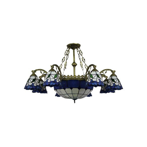 9 lumières Suspension évasée Lumière Vintage Tache-vitrail Lampe de lustre avec une nuance de bol centrale en bleu