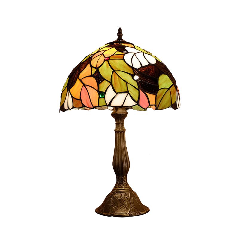 1 Head Dome Table Lamp Baroque Style Yellow/Green/Orange Stained Glass Nightstand Lamp with Leaf/Flower Pattern