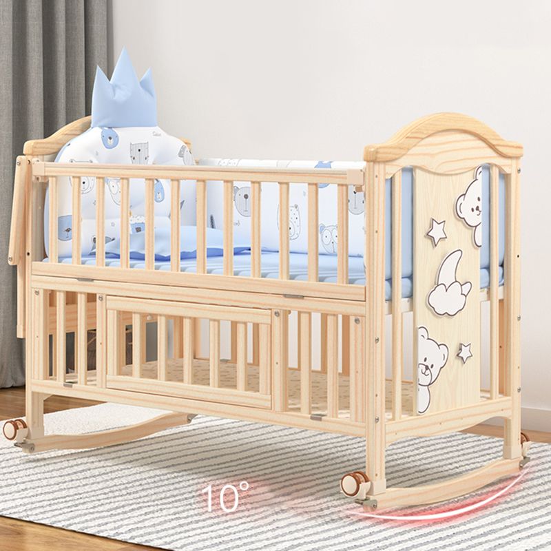 Contemporary 3-in-1 Natural Solid Wood Convertible Baby Bed with Wheels