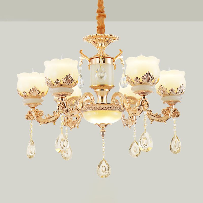 Minimal Chandelier Light Fixture Gold Blossom Crystal Pendant Lighting with Jade Shade