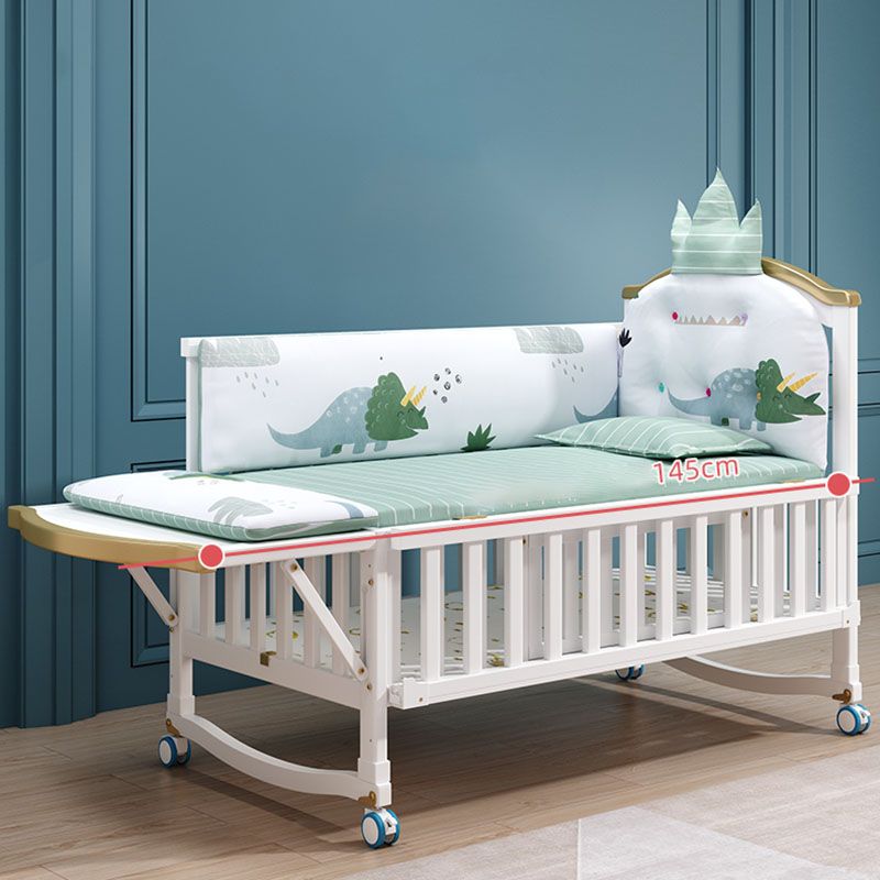 Contemporary White Baby Crib with Guardrail and Casters and Storage